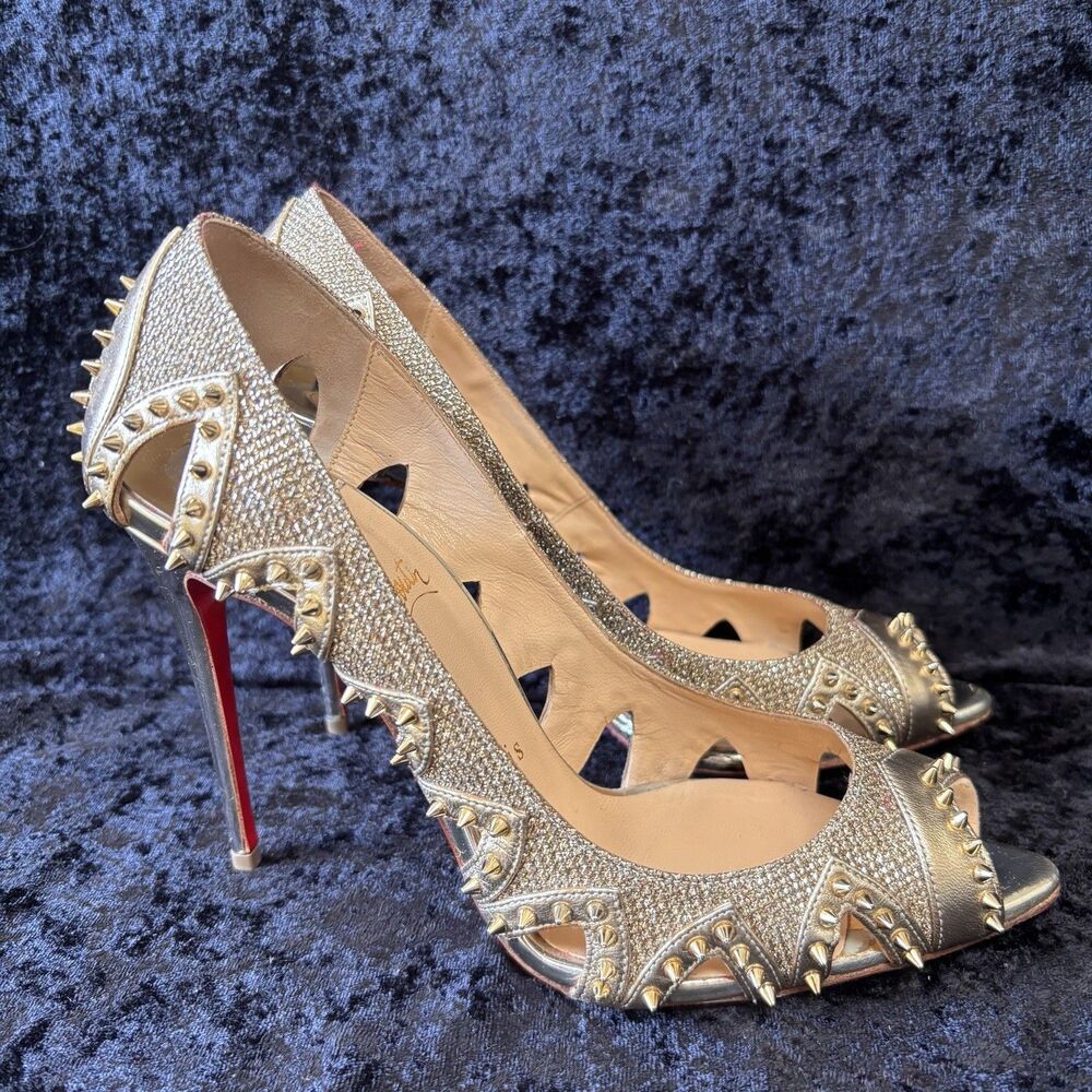 Rare- Christian Louboutin Circus City 100mm Napa silk/glitter Gold Spikes sz 7.5